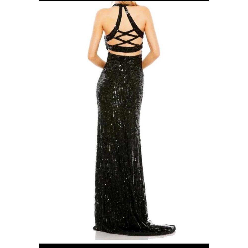 NWT Mac Duggal Black Sequin Cutout Back Deep V 5390 Size 12